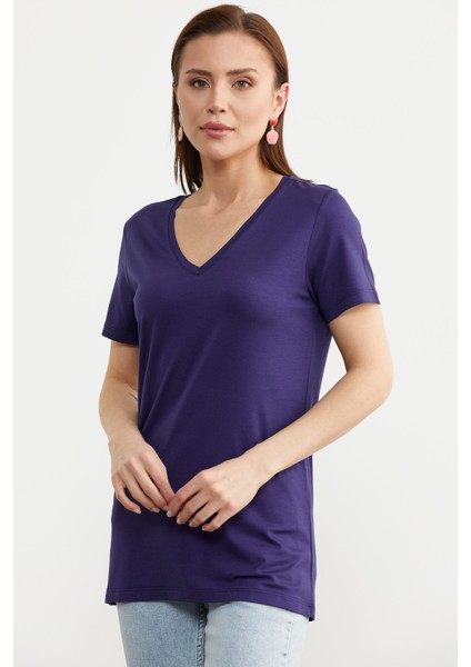 V Yaka Dökümlü Basic Tişört - Lacivert fiyatları