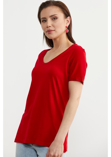 Açık Yaka Dökümlü Penye Tişört - Kırmızı fiyatları