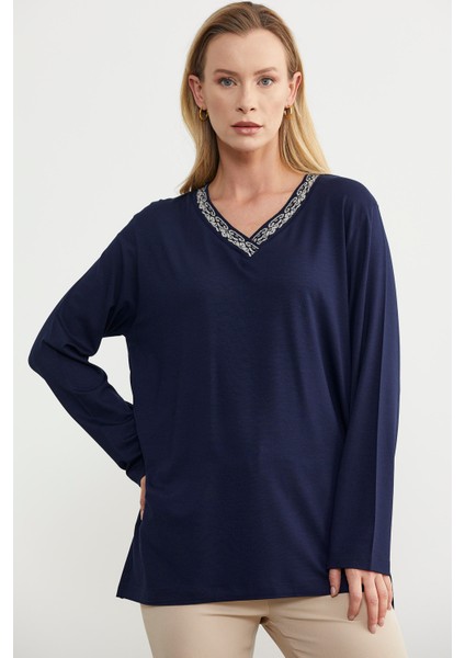Yaka Detaylı Uzun Kol Tişört - Lacivert modelleri