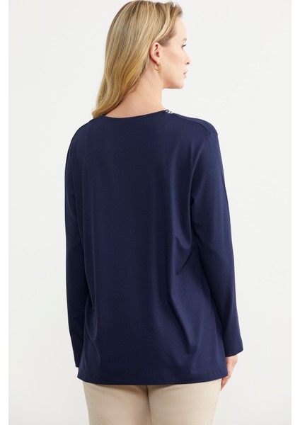 Yaka Detaylı Uzun Kol Tişört - Lacivert fırsatları