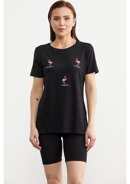 Taş Detaylı Dökümlü Penye Tişört - Siyah