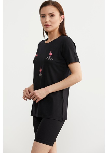 Taş Detaylı Dökümlü Penye Tişört - Siyah fiyatları