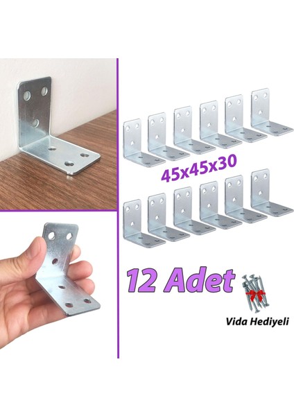 12 Adet Mobilya Eşya Dolap Duvar Sabitleyici Köşe Bağlantı L Demir Gönye Deprem Güvenliği 45 x 45 x 30 mm