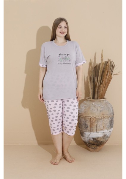 Pamuklu Büyük Beden Çiçek Baskılı Gri Battal Bermuda Kadın Pijama Takımı