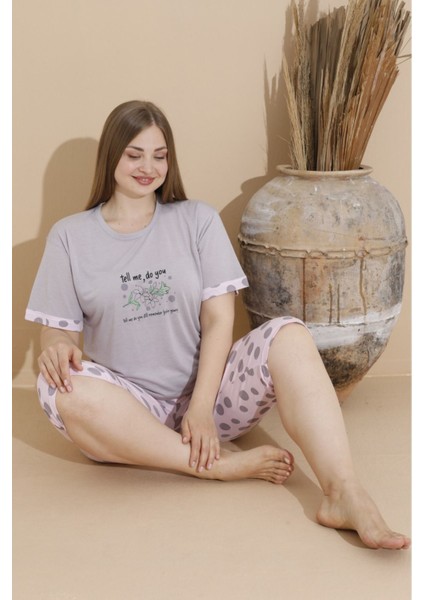 Pamuklu Büyük Beden Çiçek Baskılı Gri Battal Bermuda Kadın Pijama Takımı