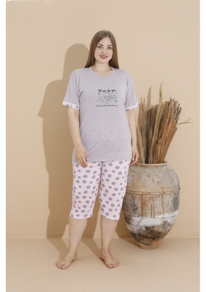 Pamuklu Büyük Beden Çiçek Baskılı Gri Battal Bermuda Kadın Pijama Takımı