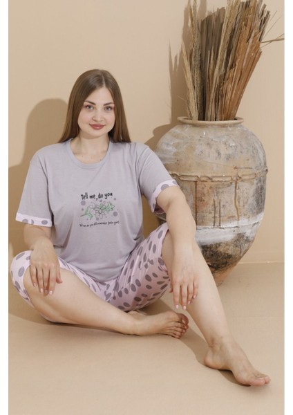 Pamuklu Büyük Beden Çiçek Baskılı Gri Battal Bermuda Kadın Pijama Takımı