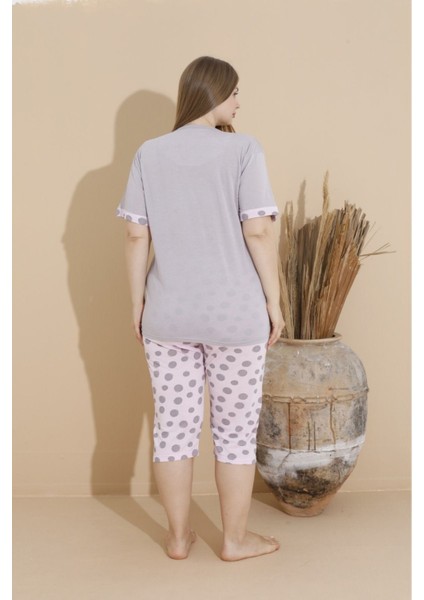 Pamuklu Büyük Beden Çiçek Baskılı Gri Battal Bermuda Kadın Pijama Takımı