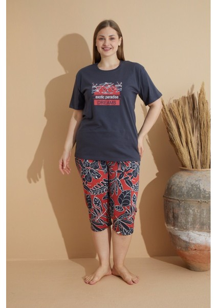 Kadın Penye Lacivert Baskılı Kapri - Bermuda Büyük Beden Pijama Takımı