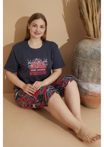 Kadın Penye Lacivert Baskılı Kapri - Bermuda Büyük Beden Pijama Takımı