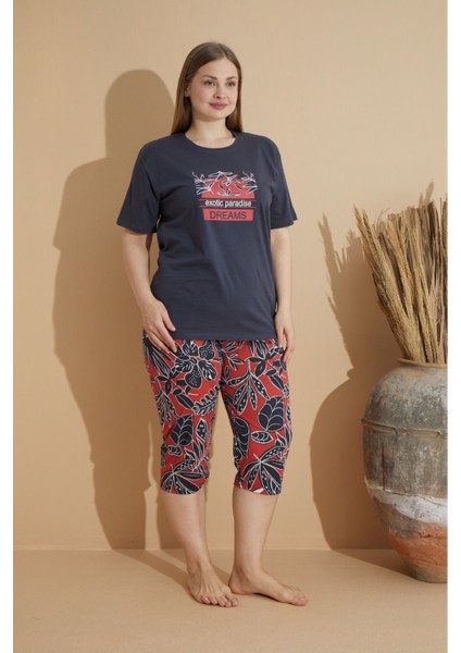 Kadın Penye Lacivert Baskılı Kapri - Bermuda Büyük Beden Pijama Takımı