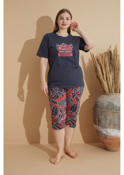 Kadın Penye Lacivert Baskılı Kapri - Bermuda Büyük Beden Pijama Takımı