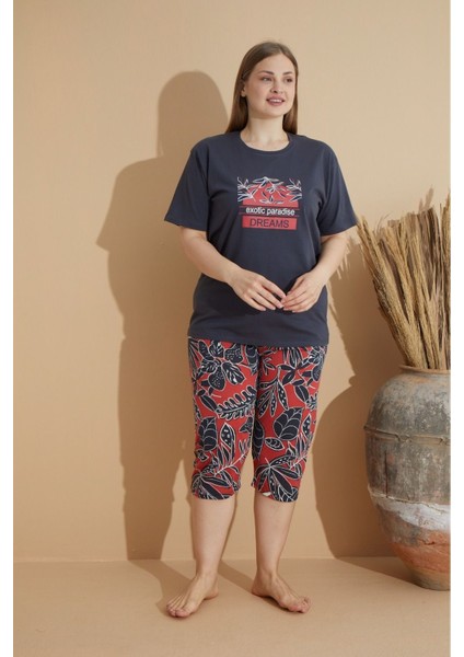 Kadın Penye Lacivert Baskılı Kapri - Bermuda Büyük Beden Pijama Takımı