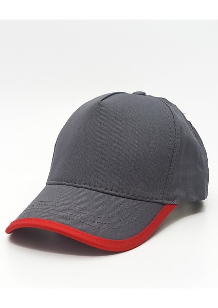 Yazlık Şapka, Gri Renk Kırmızı Çizgi Detaylı Yazlık Pamuklu, Suya Dayanıklı Yazlık Bayan Şapka