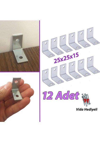 12 Adet Mobilya Eşya Dolap Duvar Sabitleyici Köşe Bağlantı L Demir Gönye Deprem Güvenliği 25 x 25 x 15 mm