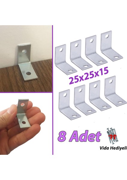 8 Adet Mobilya Eşya Dolap Duvar Sabitleyici Köşe Bağlantı L Demir Gönye Deprem Güvenliği 25 x 25 x 15 mm