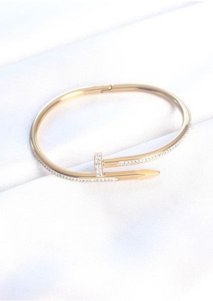 316L Çelik Zirkon Taşlı Gold Renk Çivi Model Kelepçe