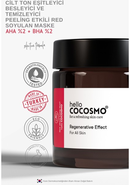 Hello Cocosmo Cilt Ton Eşitleyici Besleyici ve Temizleyici Peeling Etkili Aha %2 + Bha %2 Red Soyulan Maske