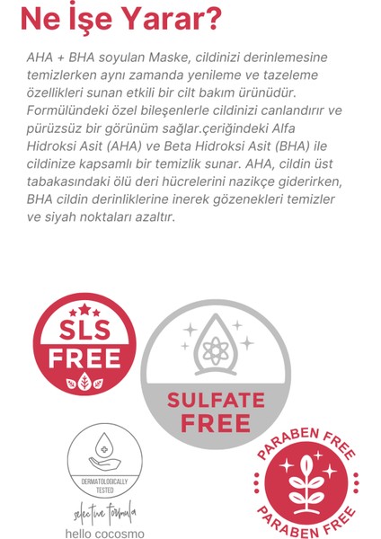 Hello Cocosmo Cilt Ton Eşitleyici Besleyici ve Temizleyici Peeling Etkili Aha %2 + Bha %2 Red Soyulan Maske