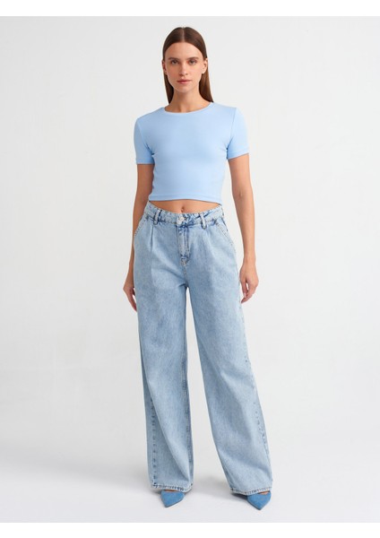 71486 Pileli Kar Yıkama Denim Pantolon-Mavi modelleri