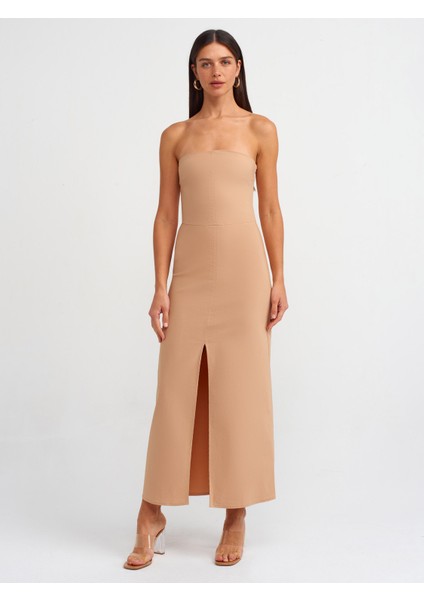 90758 Straplez Elbise-Bej