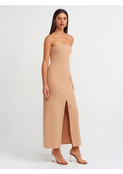 90758 Straplez Elbise-Bej