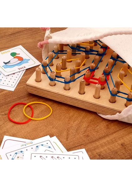 Ahşap Montessori Geometri Tahtası - Lastik Geçirme Eğitici Yak Çıkar Oyuncak- Geoboard