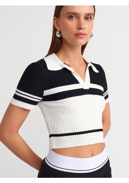 10591 Polo Yaka Çizgili Crop Kazak-Ekru-Siyah fırsatları