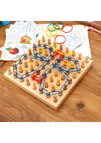 Ahşap Montessori Geometri Tahtası - Lastik Geçirme Eğitici Yak Çıkar Oyuncak- Geoboard