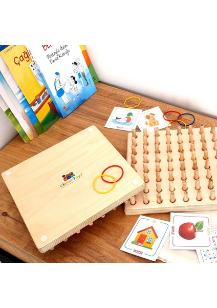 Ahşap Montessori Geometri Tahtası - Lastik Geçirme Eğitici Yak Çıkar Oyuncak- Geoboard