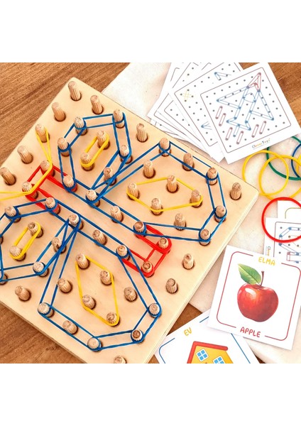 Ahşap Montessori Geometri Tahtası - Lastik Geçirme Eğitici Yak Çıkar Oyuncak- Geoboard