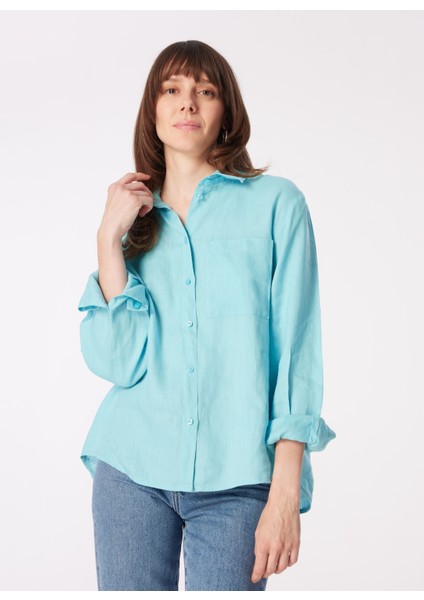 Açık Mavi Kadın Geniş Fit Keten Gömlek 5BMLLQ06S