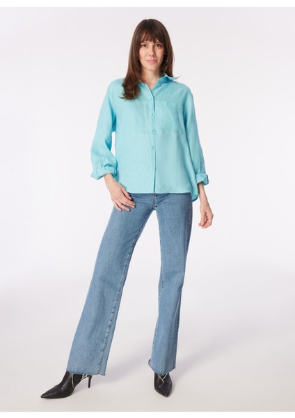 Açık Mavi Kadın Geniş Fit Keten Gömlek 5BMLLQ06S fiyatları
