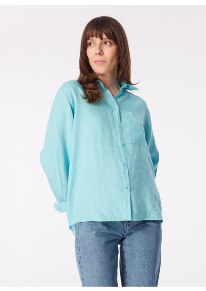 Açık Mavi Kadın Geniş Fit Keten Gömlek 5BMLLQ06S modelleri