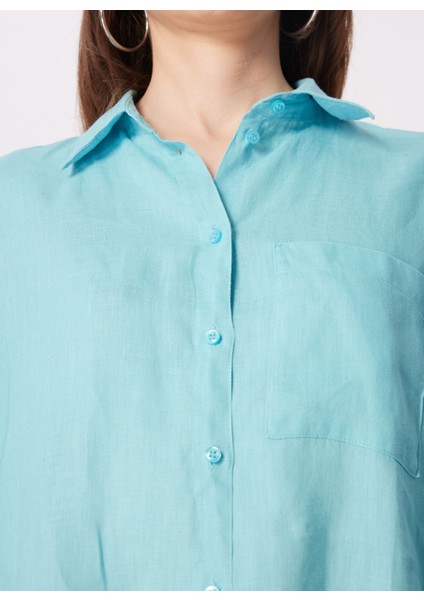 Açık Mavi Kadın Geniş Fit Keten Gömlek 5BMLLQ06S fırsatları