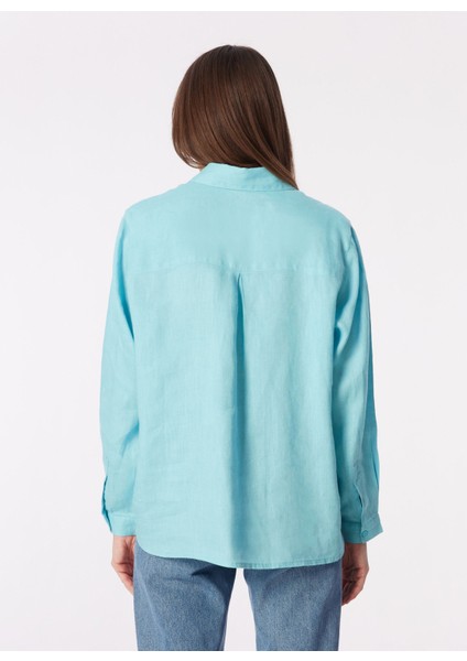 Açık Mavi Kadın Geniş Fit Keten Gömlek 5BMLLQ06S indirimleri