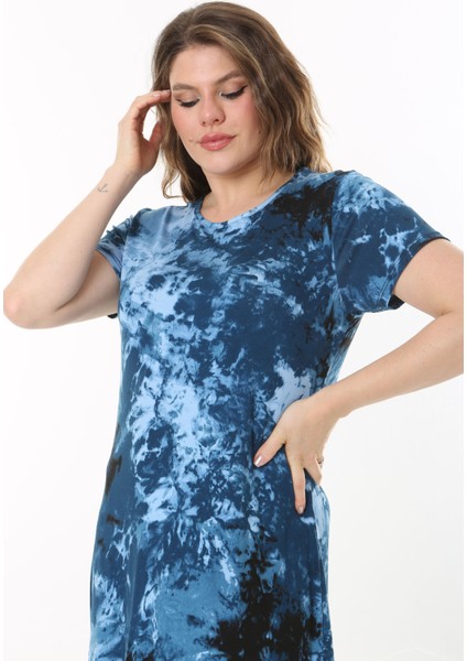 Kadın Lacivert Batik Desen Esnek Viskon Basic Elbise