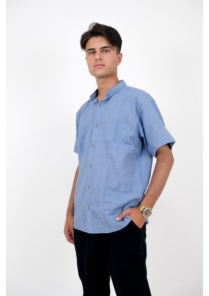 Erkek Keten Kısa Kollu Battal Gömlek