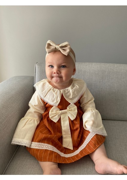 Çizgili Fiyonklu Kurdeleli Bebe Yakalı Kız Bebek/çocuk Elbise