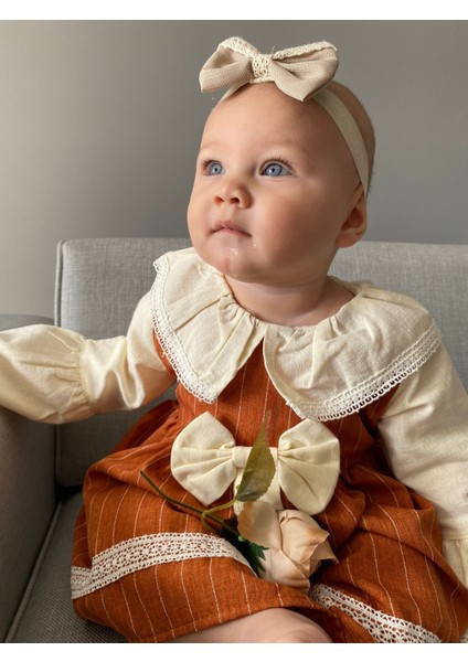 Çizgili Fiyonklu Kurdeleli Bebe Yakalı Kız Bebek/çocuk Elbise