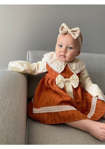 Çizgili Fiyonklu Kurdeleli Bebe Yakalı Kız Bebek/çocuk Elbise