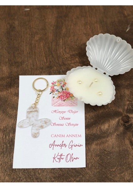 Anneler Günü Hediyesi, Notlu Kart, Anahtarlık ve İncili Mum Seti