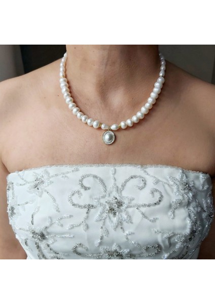 Gerçek Incili Çelik Uçlu Tasarım Kolye