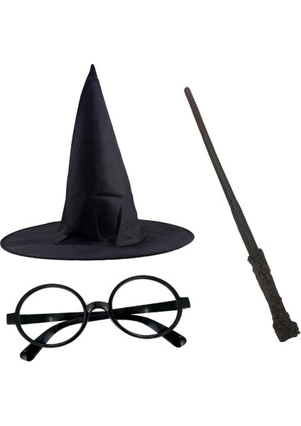 Harry Potter Siyah Şapkası Harry Potter Gözlüğü Harry Potter Asası 3 Lü Set