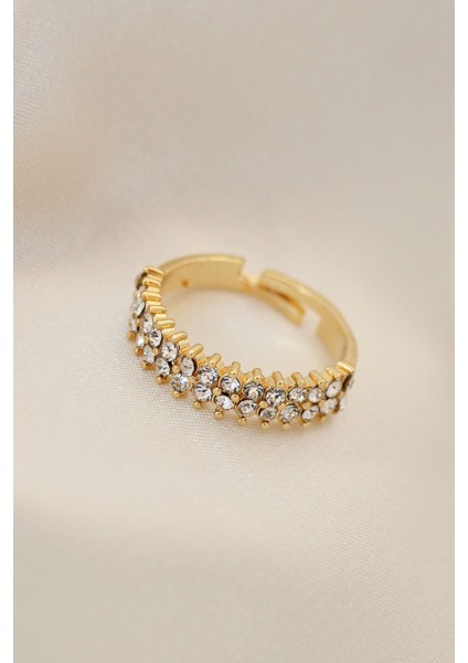 Ayarlamalı Gold Renk Metal Çift Sıra Zirkon Taşlı Yüzük