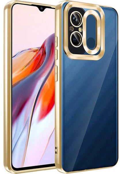 Xiaomi Redmi 12C Kapak Yanları Renkli Lens Korumalı Logo Gösteren Şeffaf Luxury Silikon Kılıf - Gold