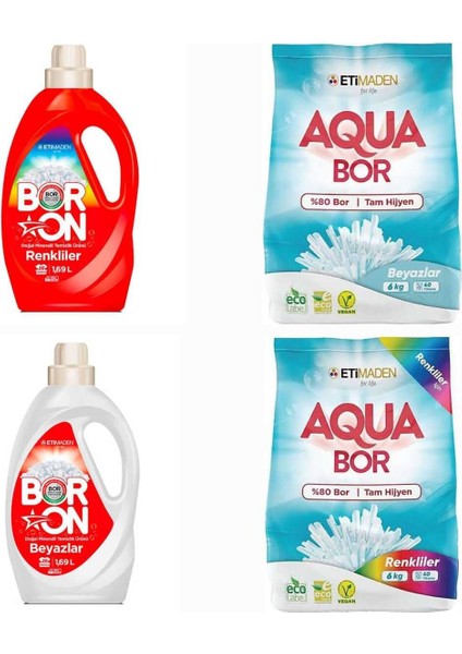 Aquabor Çamaşır Deterjanı 6 kg Renkliler Için+ 6 kg Beyazlar(40*2 Yıkama)+ Boron Sıvı Deterjan Renkli ve Beyazlar Için(26*2 Yıkama)