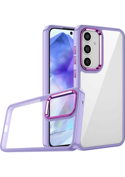 Case World Samsung Galaxy A15 Kapak Metal Kamera Korumalı Arkası Şeffaf Silikon Kılıf - Lila