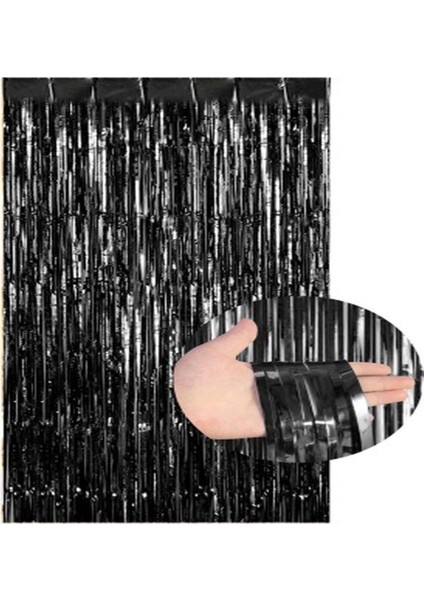 Siyah Püsküllü Kapı ve Duvar Fon Perdesi Metalize Işıltılı Arka Fon Dekor Süsü ( 100*200 Cm)