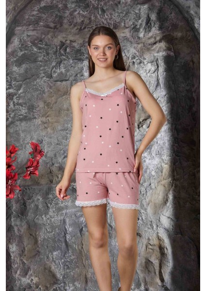 Pembe Dantel Detaylı Ip Askı Şortlu Milan Kadın Pijama Takımı